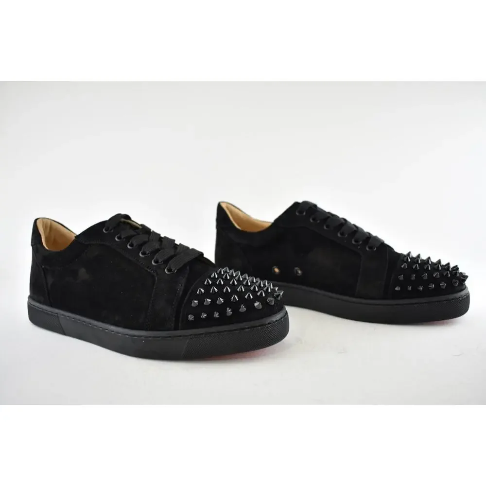 Christian Louboutin Vieira Spikes Flat Black Suede Lace Up Low Top Sneaker 40.5